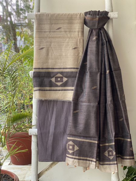 BEIGE-STONE BROWN HANDLOOM SILK DUPATTA SET