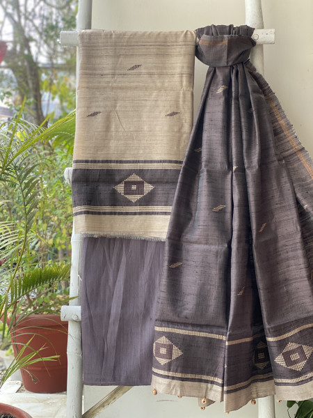 BEIGE-STONE BROWN HANDLOOM SILK DUPATTA SET