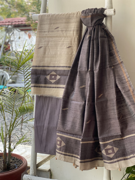 BEIGE-STONE BROWN HANDLOOM SILK DUPATTA SET