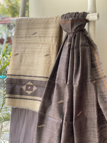 BEIGE-STONE BROWN HANDLOOM SILK DUPATTA SET