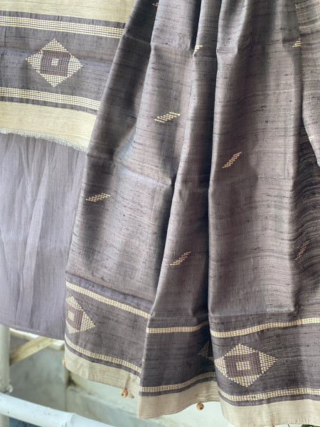 BEIGE-STONE BROWN HANDLOOM SILK DUPATTA SET