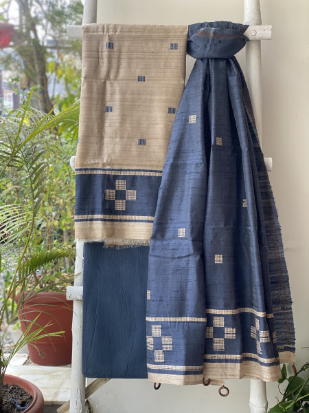 BEIGE-INDIGO HANDLOOM SILK PRINTED DUPATTA SET