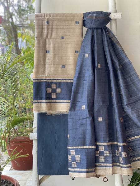 BEIGE-INDIGO HANDLOOM SILK PRINTED DUPATTA SET