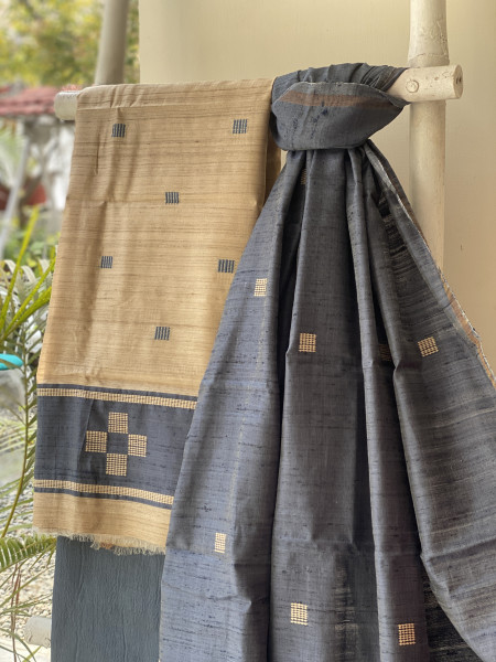 BEIGE-INDIGO HANDLOOM SILK PRINTED DUPATTA SET