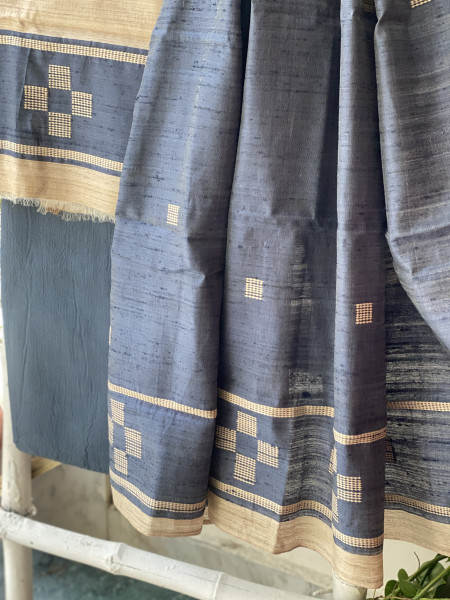 BEIGE-INDIGO HANDLOOM SILK PRINTED DUPATTA SET