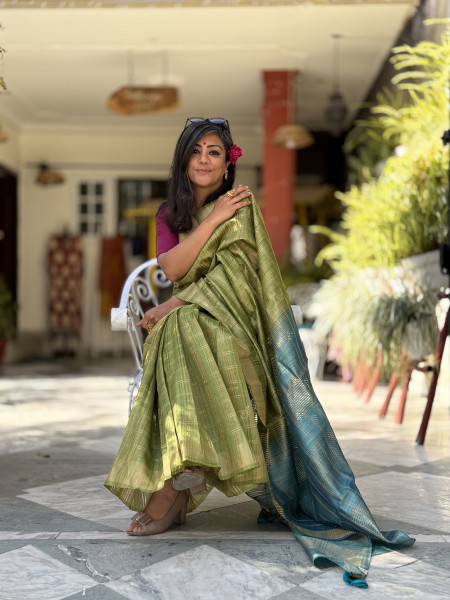 PARROT GREEN-AQUA HAND WOVEN TUSSAR SILK SARI