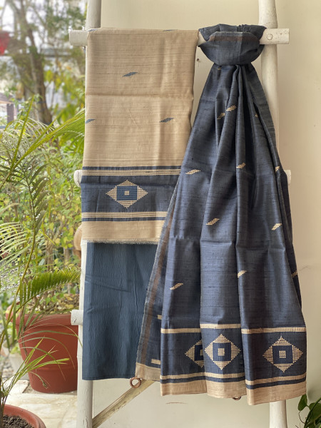 BEIGE-INDIGO HANDLOOM SILK PRINTED DUPATTA SET