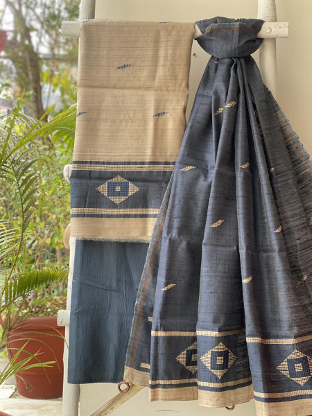 BEIGE-INDIGO HANDLOOM SILK PRINTED DUPATTA SET