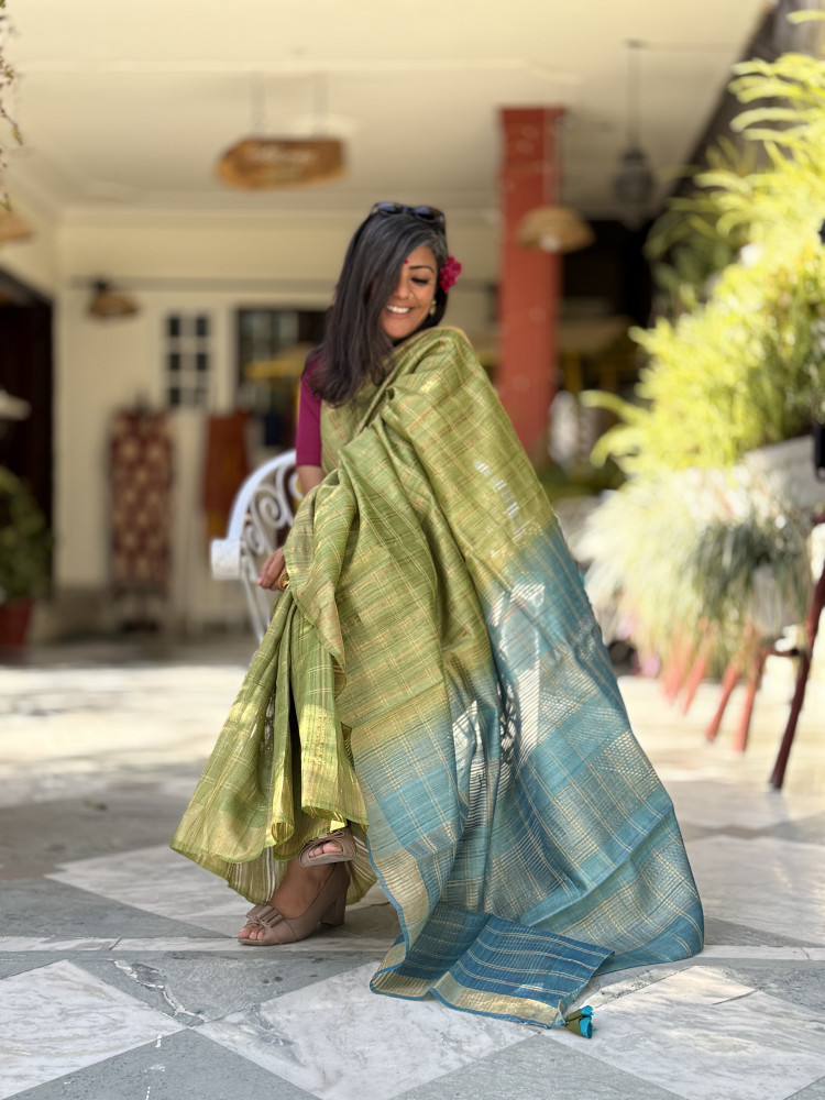 Image of PARROT GREEN-AQUA HAND WOVEN TUSSAR SILK SARI
