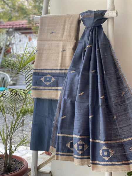 BEIGE-INDIGO HANDLOOM SILK PRINTED DUPATTA SET
