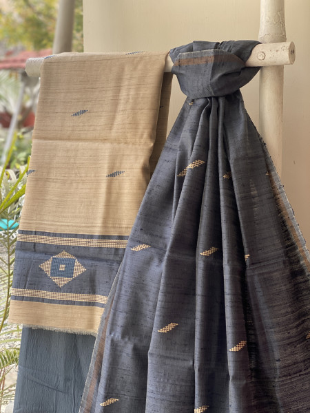 BEIGE-INDIGO HANDLOOM SILK PRINTED DUPATTA SET