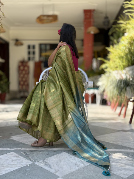 PARROT GREEN-AQUA HAND WOVEN TUSSAR SILK SARI