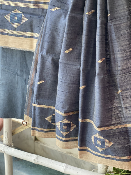 BEIGE-INDIGO HANDLOOM SILK PRINTED DUPATTA SET