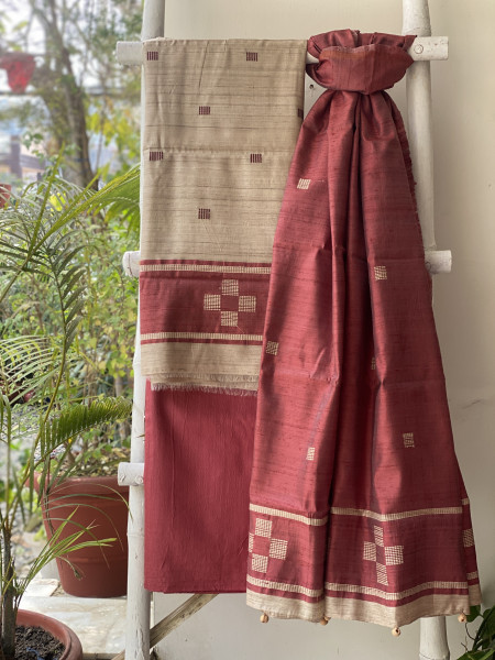 BEIGE-MAROON HANDLOOM SILK PRINTED DUPATTA SET