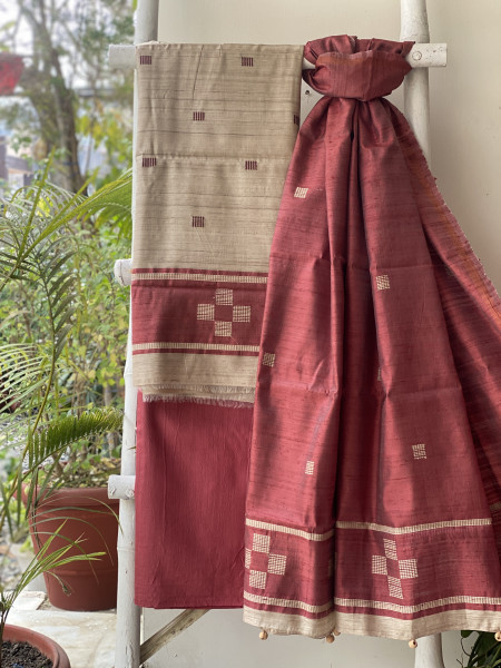 BEIGE-MAROON HANDLOOM SILK PRINTED DUPATTA SET