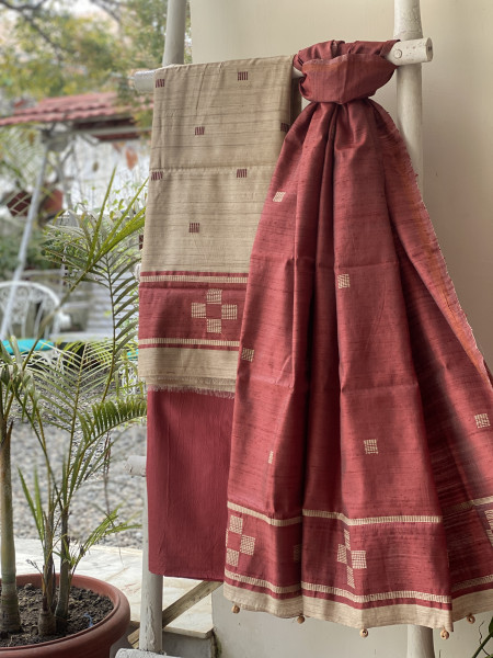 BEIGE-MAROON HANDLOOM SILK PRINTED DUPATTA SET