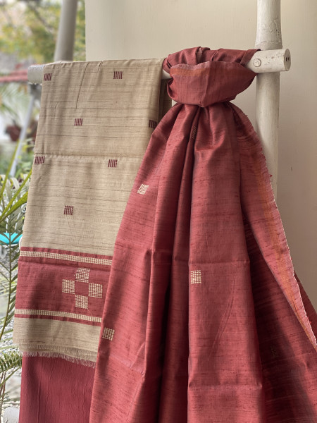 BEIGE-MAROON HANDLOOM SILK PRINTED DUPATTA SET