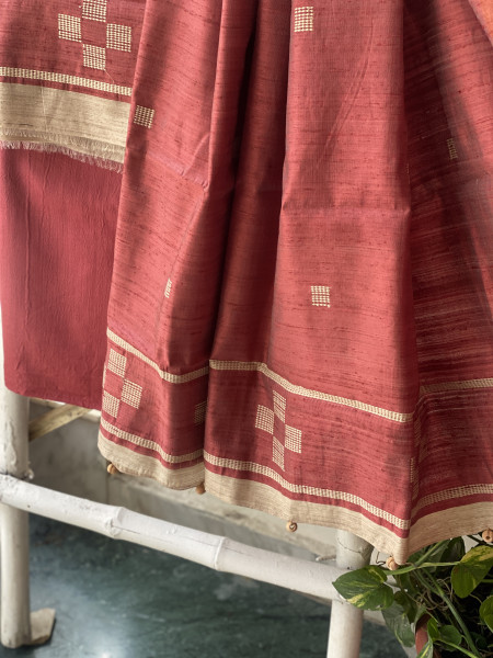 BEIGE-MAROON HANDLOOM SILK PRINTED DUPATTA SET