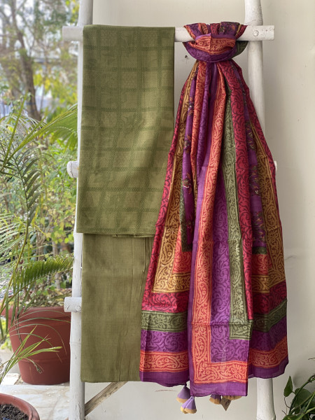 MEHNDI GREEN-MULTICOLOUR TUSSAR SILK PRINTED DUPATTA SET
