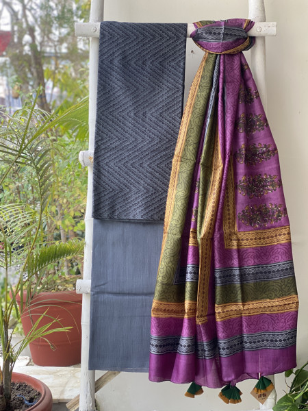 CHARCOAL-MULTICOLOUR TUSSAR SILK PRINTED DUPATTA SET