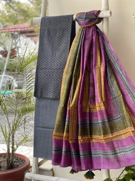 CHARCOAL-MULTICOLOUR TUSSAR SILK PRINTED DUPATTA SET