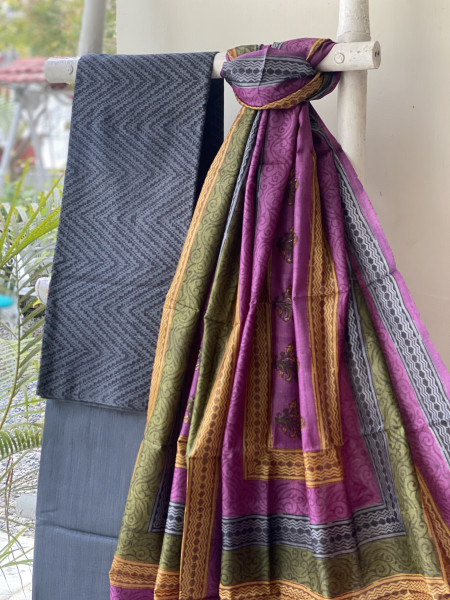 CHARCOAL-MULTICOLOUR TUSSAR SILK PRINTED DUPATTA SET