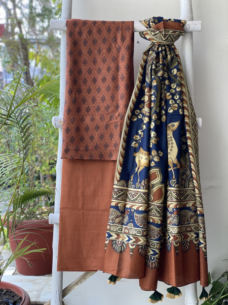 RUST WOVEN SILK PRINTED DUPATTA SET