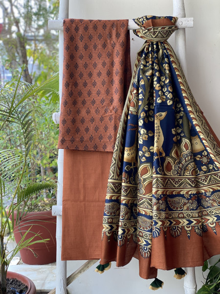 RUST WOVEN SILK PRINTED DUPATTA SET