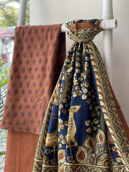 RUST WOVEN SILK PRINTED DUPATTA SET