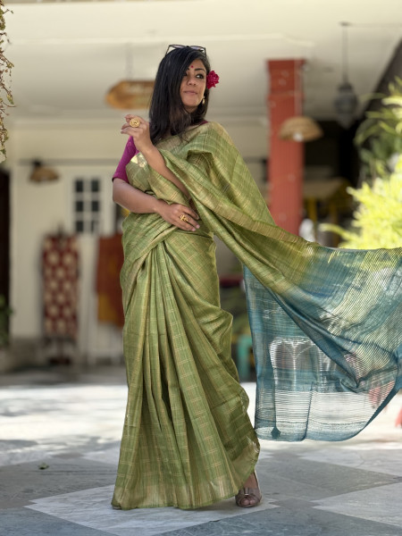 PARROT GREEN-AQUA HAND WOVEN TUSSAR SILK SARI
