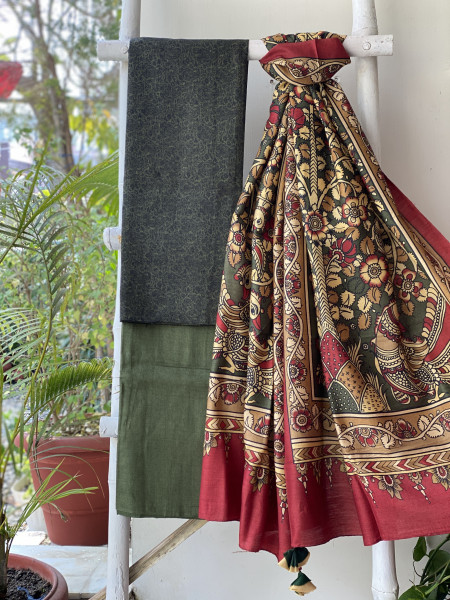 MEHNDI GREEN WOVEN SILK PRINTED DUPATTA SET