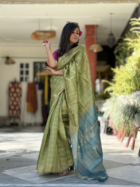 PARROT GREEN-AQUA HAND WOVEN TUSSAR SILK SARI