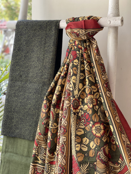 MEHNDI GREEN WOVEN SILK PRINTED DUPATTA SET