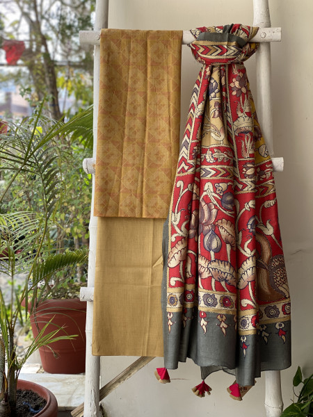 MUSTARD WOVEN SILK PRINTED EMBROIDFERED DUPATTA SET