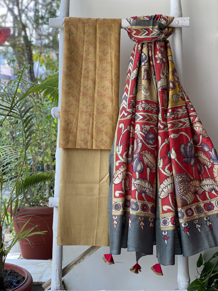 MUSTARD WOVEN SILK PRINTED EMBROIDFERED DUPATTA SET