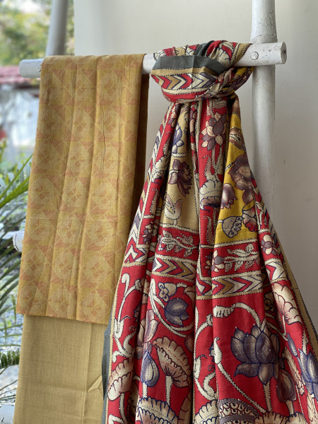 MUSTARD WOVEN SILK PRINTED EMBROIDFERED DUPATTA SET