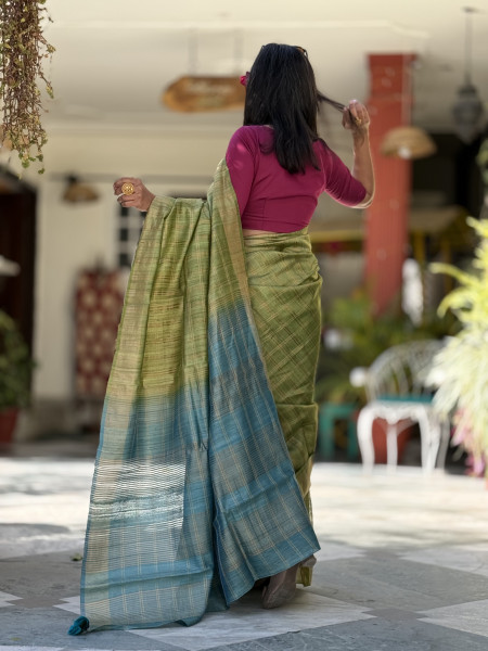 PARROT GREEN-AQUA HAND WOVEN TUSSAR SILK SARI