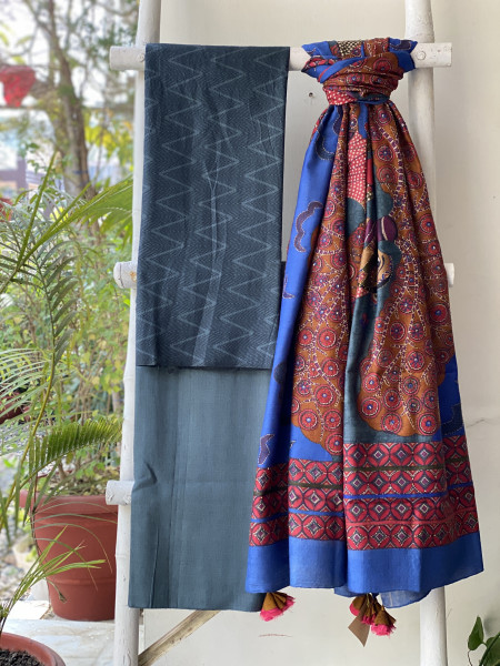CHARCOAL-MULTICOLOUR WOVEN SILK PRINTED EMBROIDERED DUPATTA SET