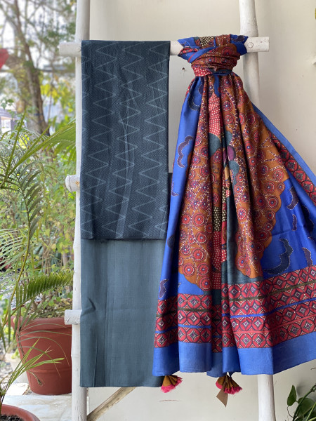 CHARCOAL-MULTICOLOUR WOVEN SILK PRINTED EMBROIDERED DUPATTA SET