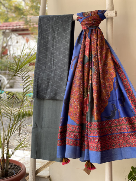CHARCOAL-MULTICOLOUR WOVEN SILK PRINTED EMBROIDERED DUPATTA SET