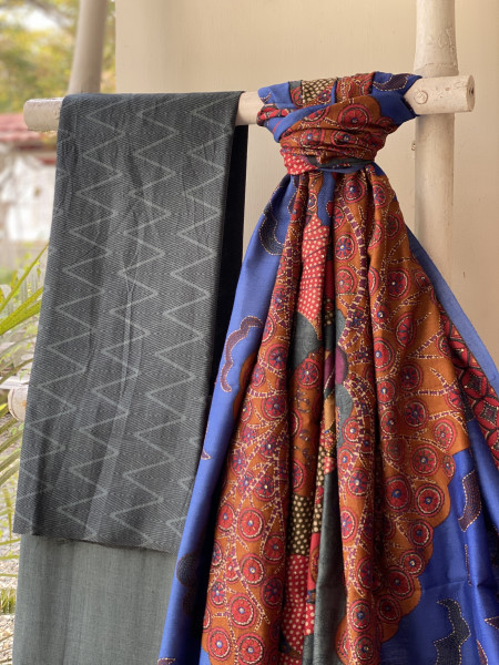 CHARCOAL-MULTICOLOUR WOVEN SILK PRINTED EMBROIDERED DUPATTA SET