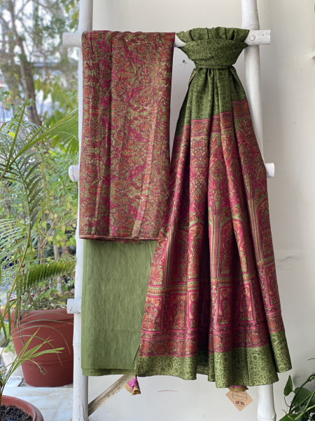 PINK & GREEN BLOCK PRINT PASHMINA SILK WOVEN  DUPATTA SET
