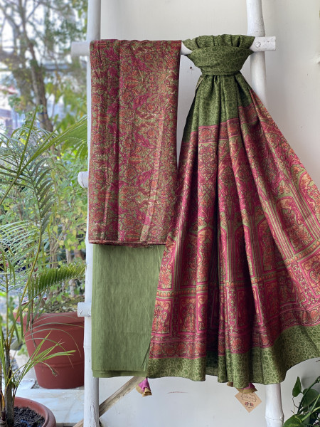 PINK & GREEN BLOCK PRINT PASHMINA SILK WOVEN  DUPATTA SET