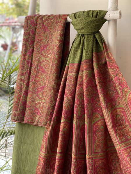 PINK & GREEN BLOCK PRINT PASHMINA SILK WOVEN  DUPATTA SET