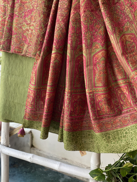 PINK & GREEN BLOCK PRINT PASHMINA SILK WOVEN  DUPATTA SET