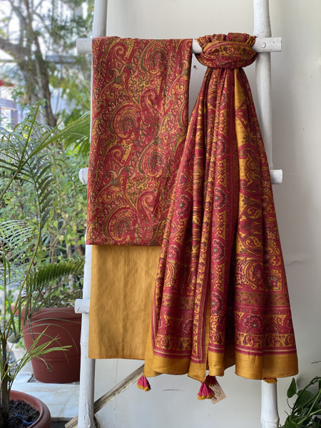RED-MUSTARD BLOCK PRINT PASHMINA SILK WOVEN  DUPATTA SET