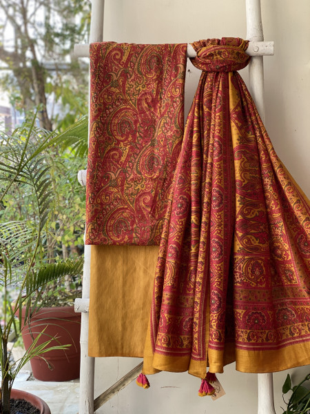 RED-MUSTARD BLOCK PRINT PASHMINA SILK WOVEN  DUPATTA SET