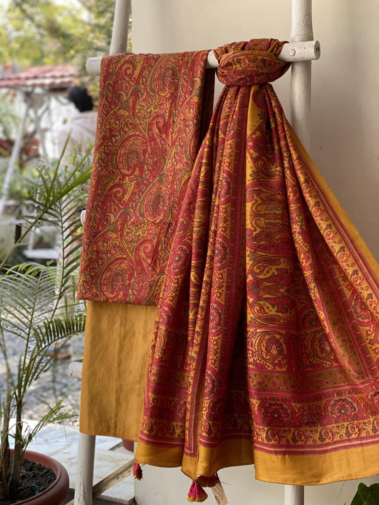 Image of RED-MUSTARD BLOCK PRINT PASHMINA SILK WOVEN  DUPATTA SET