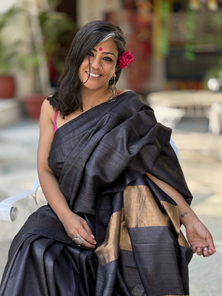 BLACK KOSA SILK WOVEN ZARI SARI
