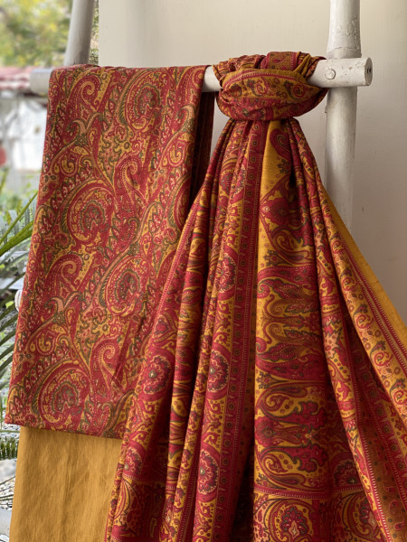 RED-MUSTARD BLOCK PRINT PASHMINA SILK WOVEN  DUPATTA SET